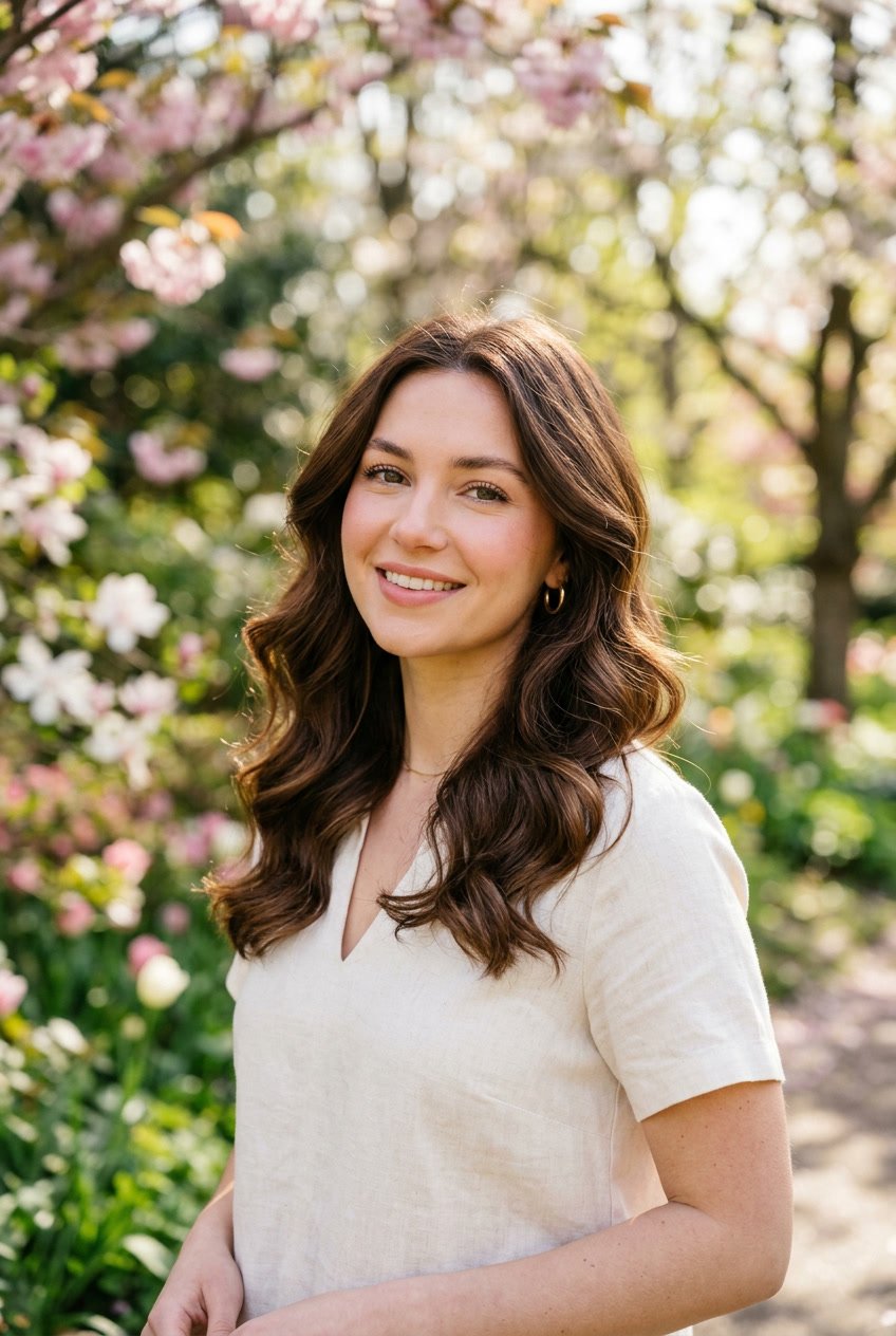 A woman with rich walnut brown hair styled in soft waves, smiling outdoors with blooming flowers in the background.
