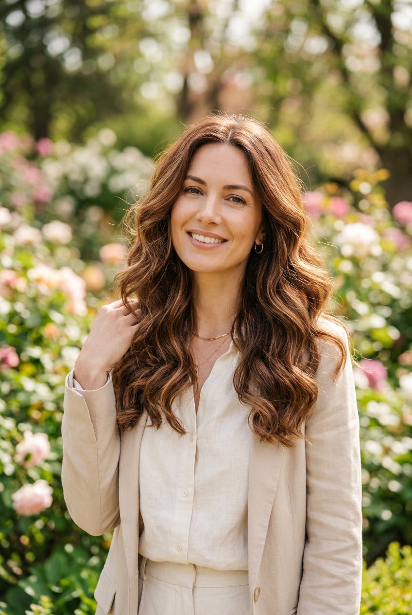 A woman outdoors with soft chestnut brown hair featuring warm amaretto highlights, smiling gently with a blurred natural background.