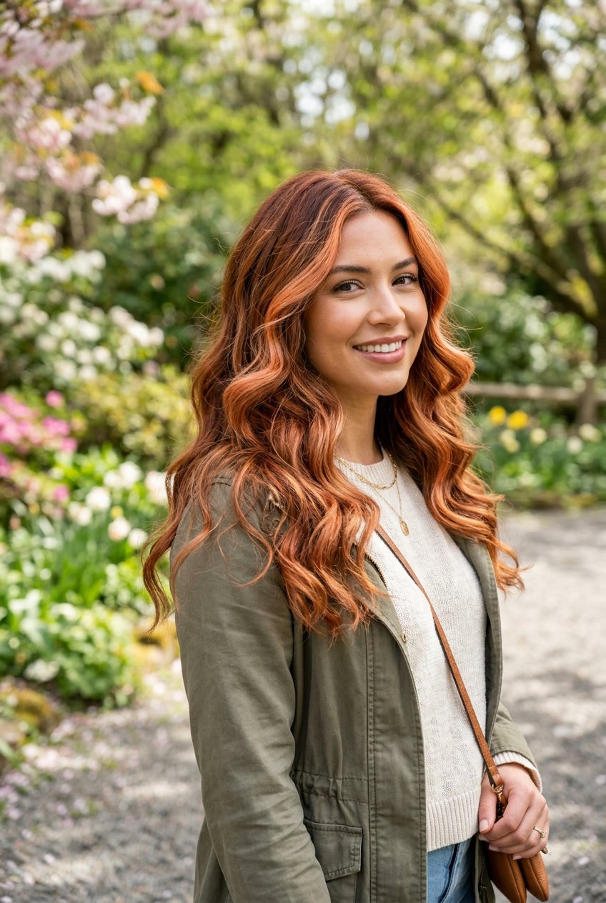 A woman outdoors with copper brown hair and peachy highlights, smiling softly with a blurred green background.