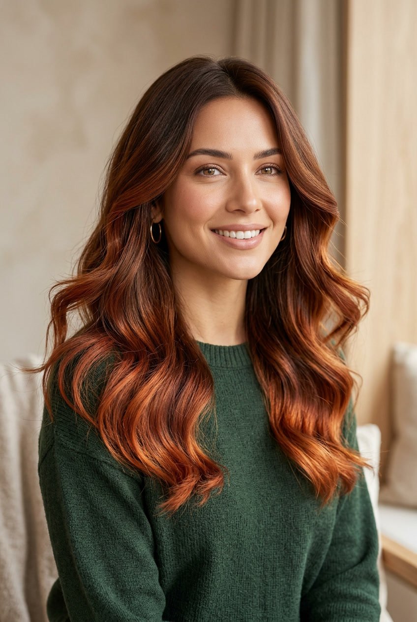 A woman with burnt sugar brown hair and warm ember-colored tips looking confidently into the camera against a neutral background.
