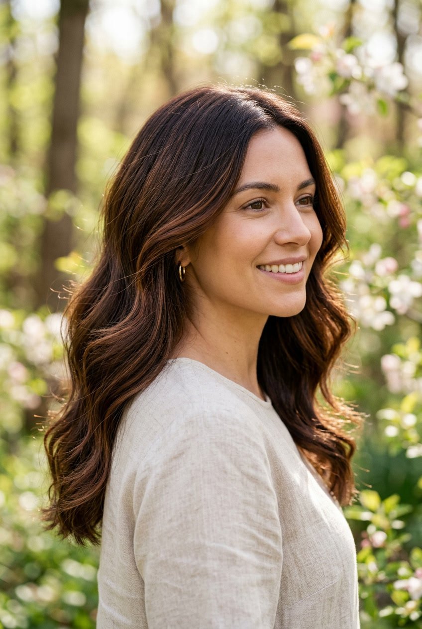 Close-up of a woman with dark brown hair and auburn highlights outdoors in a spring setting.