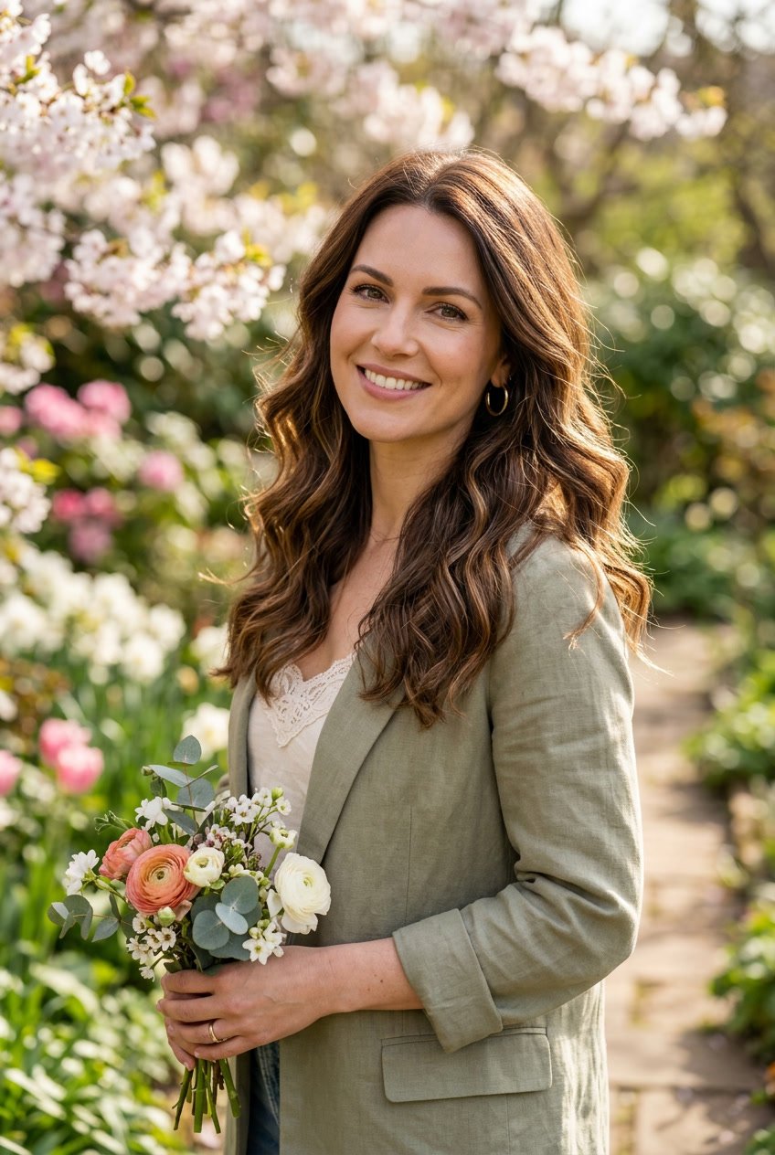 A woman with vibrant brown hair smiling softly with a blurred background of spring flowers and greenery.