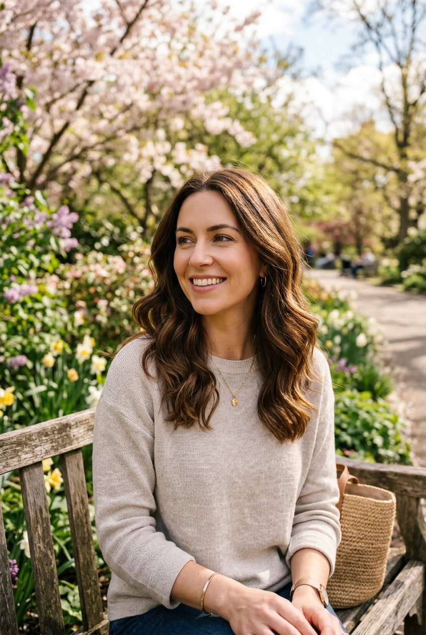 A brunette woman with wavy hair stands outdoors surrounded by blooming spring flowers and greenery, smiling gently.