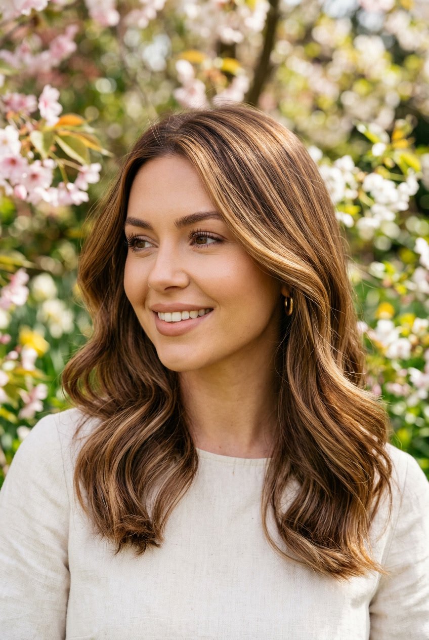 Close-up of a woman with caramel-colored hair standing outdoors with greenery and flowers in the background.