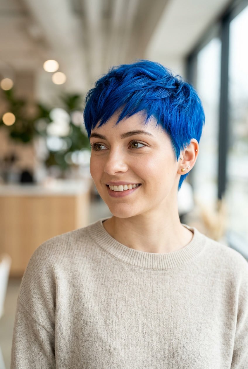 A young woman with an electric blue pixie cut hairstyle smiling gently against a softly blurred background.