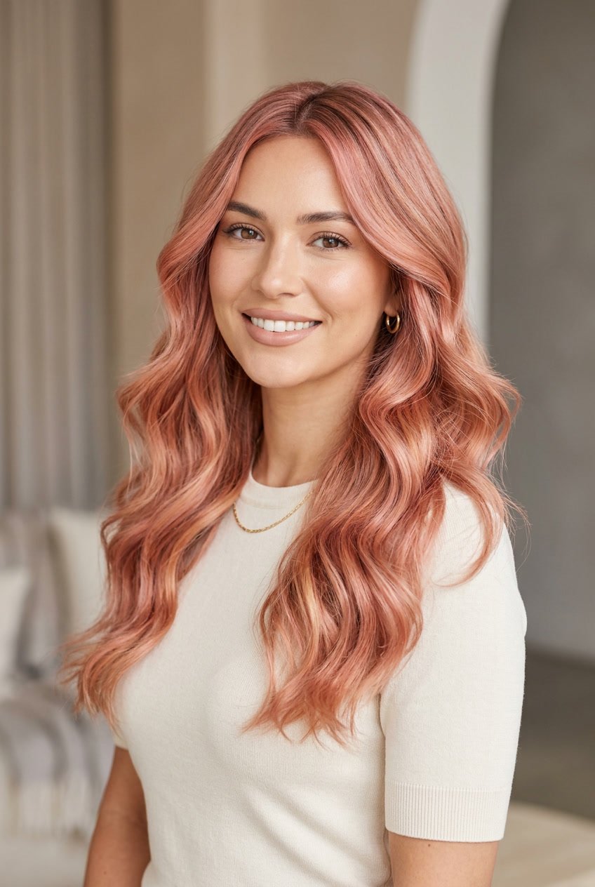A young woman with long, wavy rose gold balayage hair smiling against a neutral background.
