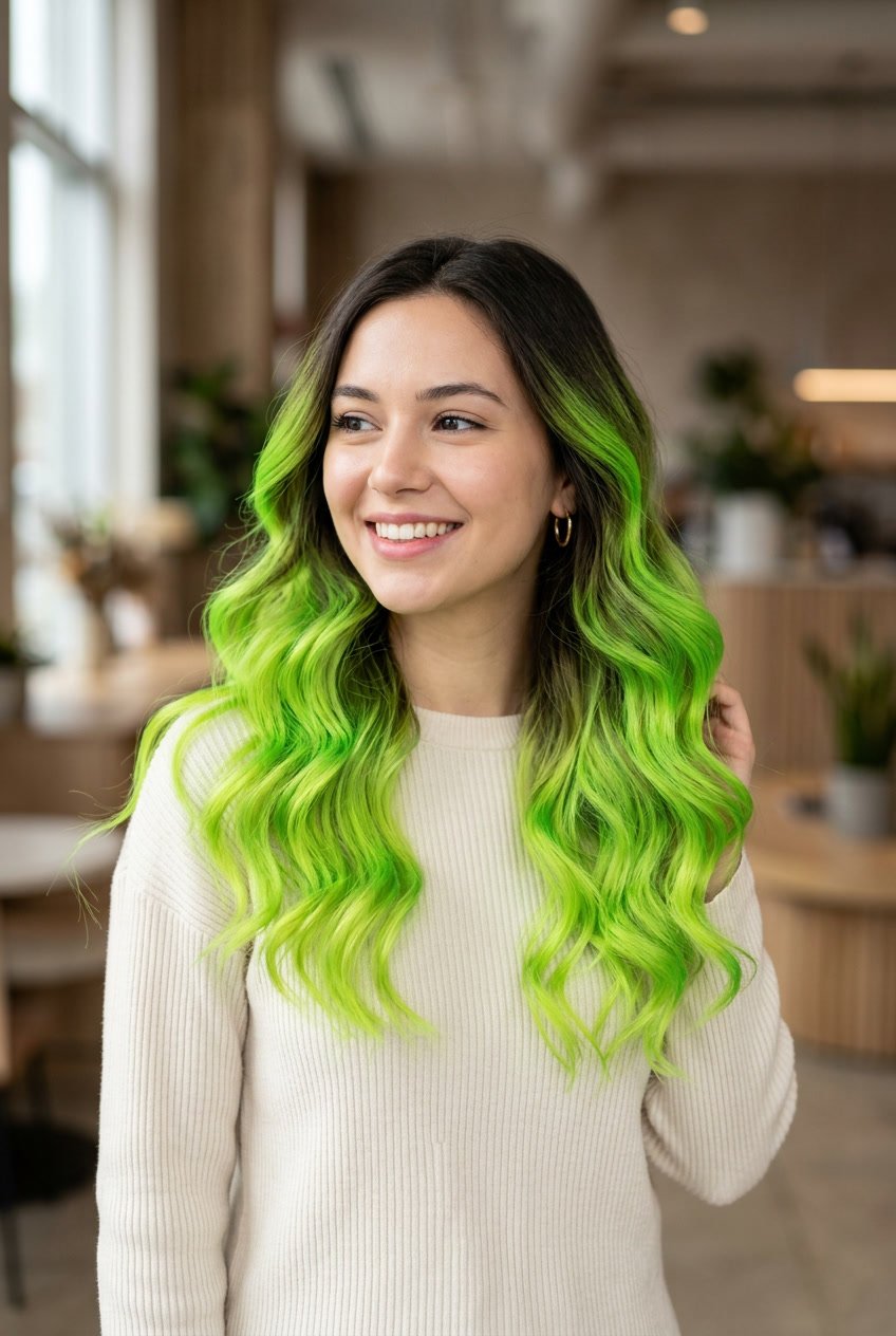 A young woman with neon green ombre hair smiling softly against a blurred neutral background.