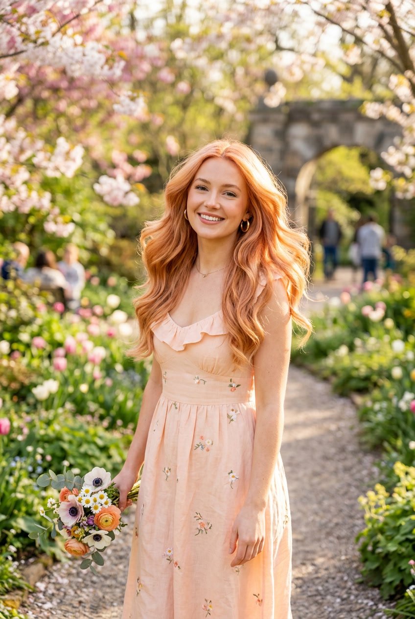 A woman with apricot colored hair standing outdoors surrounded by blooming flowers and greenery.