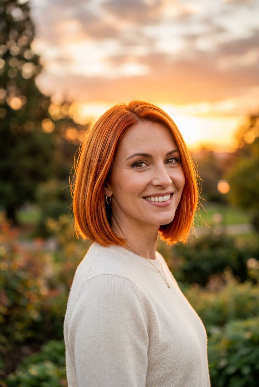 A woman with a bright orange bob haircut smiling outdoors during sunset.