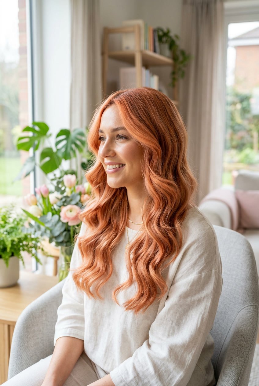 A woman with peachy copper highlighted hair smiling softly in a bright indoor setting.