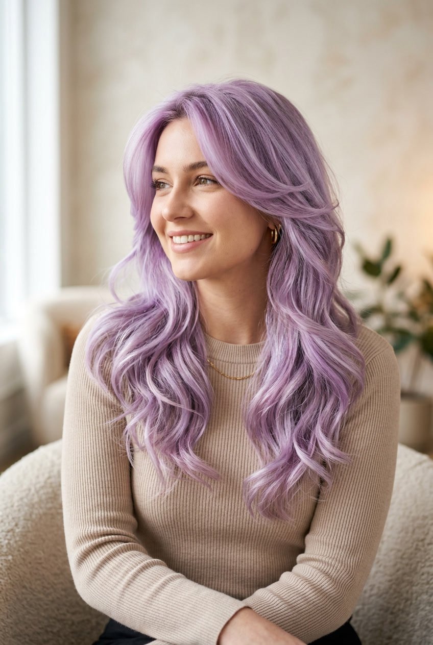 A woman with layered pastel lavender hair looking slightly off-camera against a softly blurred background.