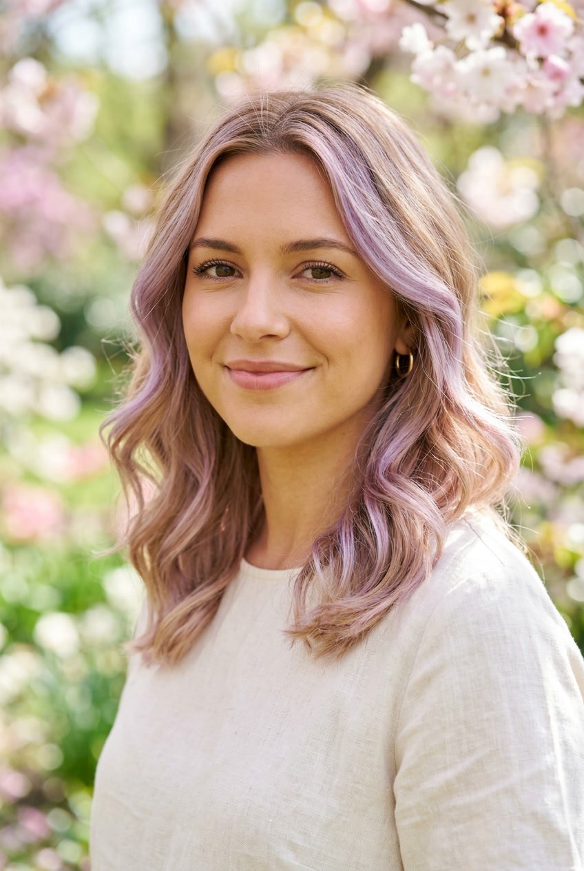 Close-up of a woman with shoulder-length wavy hair featuring a subtle lavender tint, smiling softly against a blurred background with spring flowers and greenery.