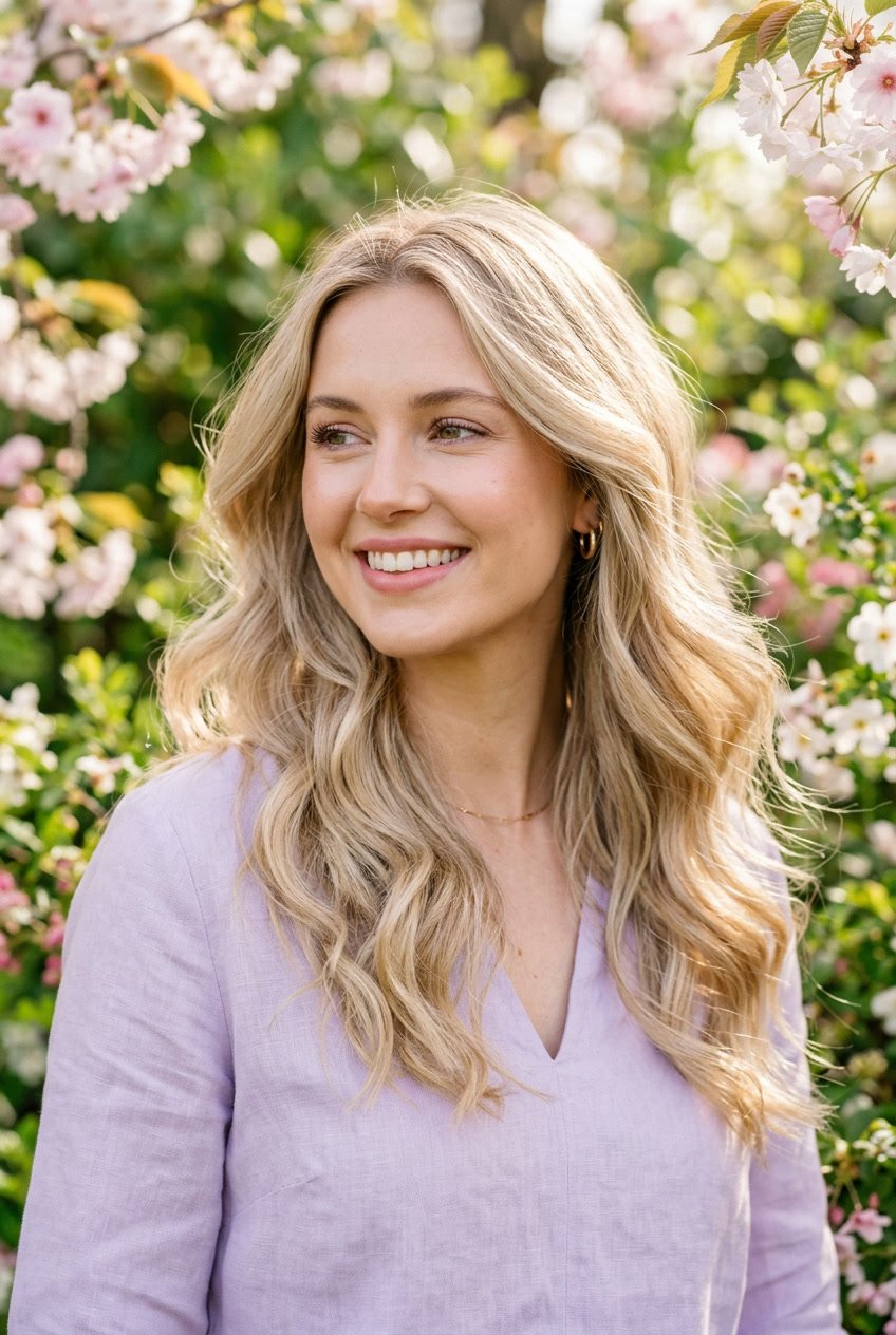 A woman with creamy beige blonde hair smiling outdoors in a spring setting with green plants and flowers in the background.
