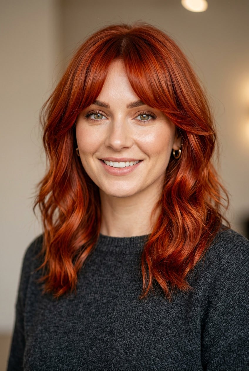 A woman with fiery red curtain bangs hairstyle looking confidently at the camera against a plain background.