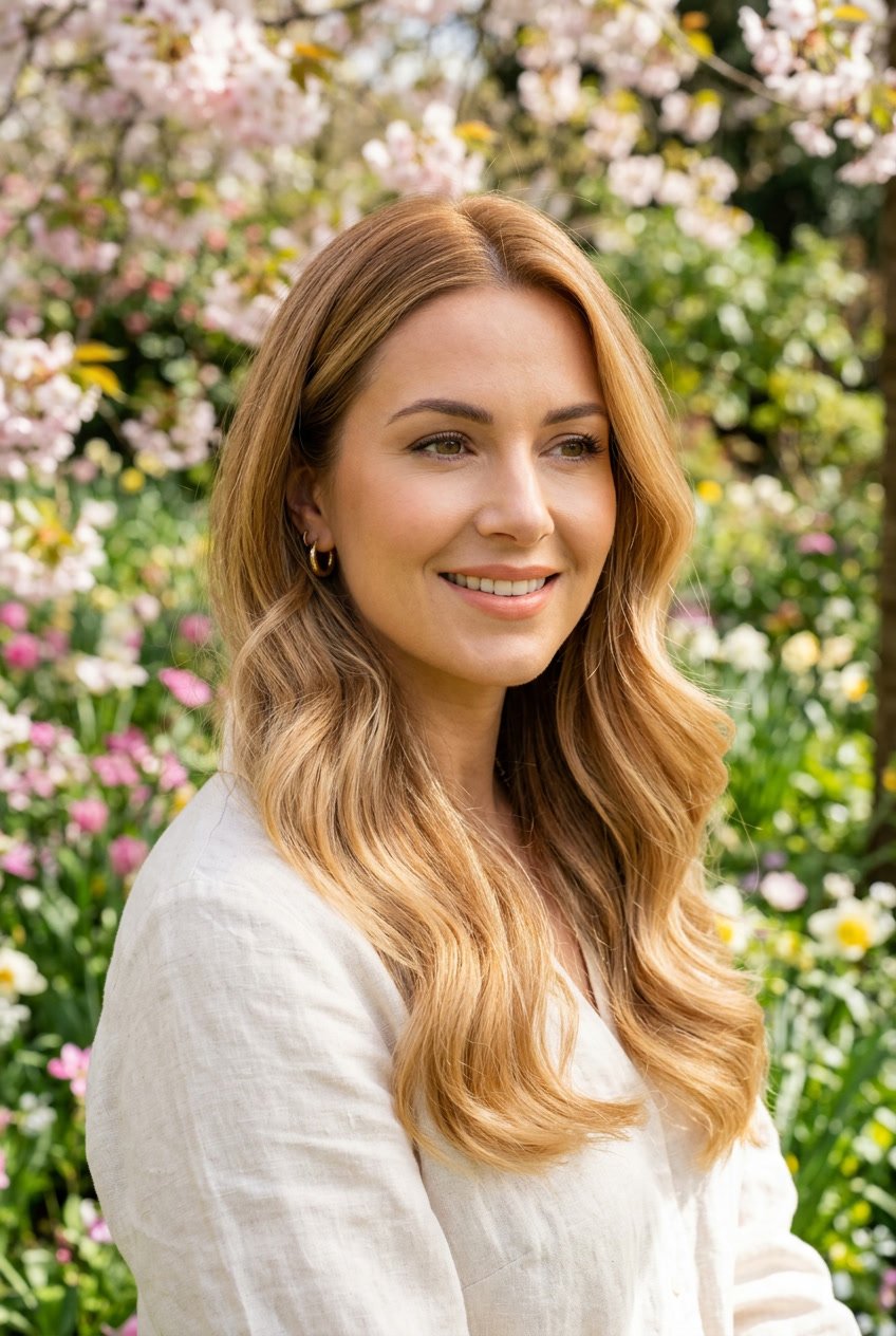 Close-up of a woman outdoors with golden ombre hair in springtime surroundings.