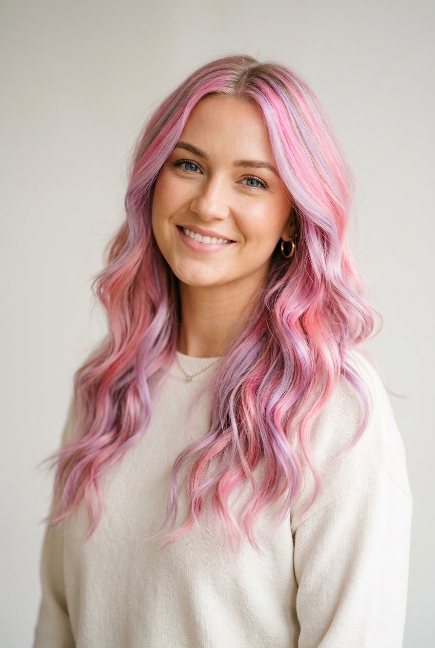 A woman with cotton candy pink highlights in her hair smiling against a neutral background.