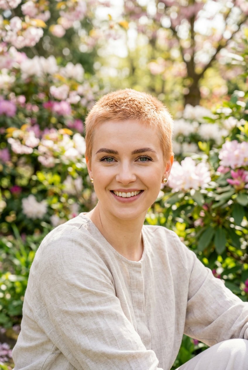 A young woman with a strawberry blonde buzz cut standing outdoors surrounded by blooming flowers and green plants.