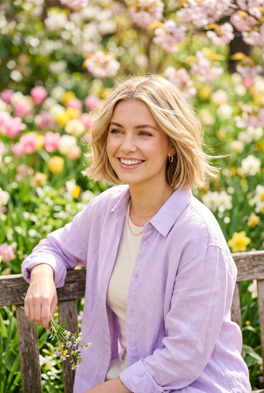 A woman with a butter blonde bob hairstyle smiling outdoors surrounded by spring flowers and greenery.