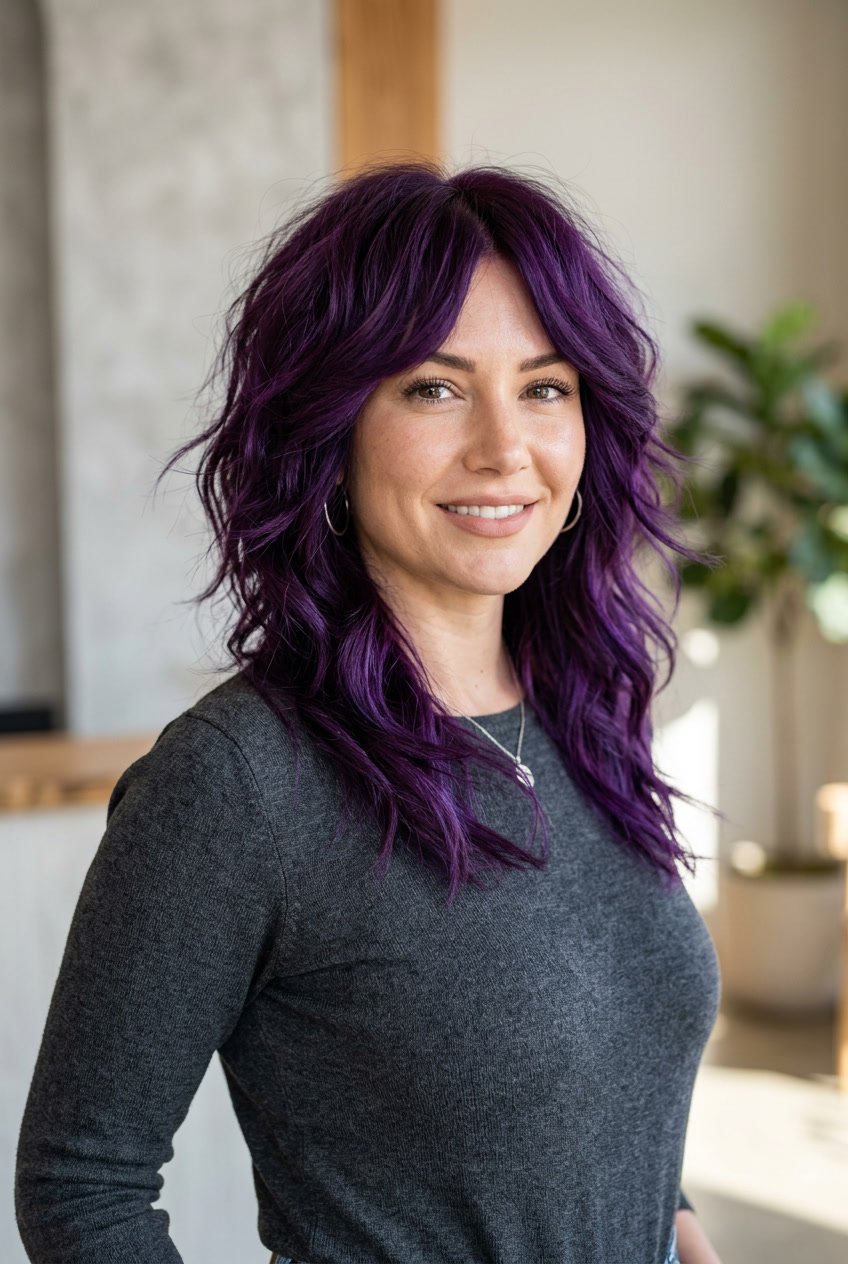 A woman with a deep purple shag haircut smiling softly against a blurred neutral background.