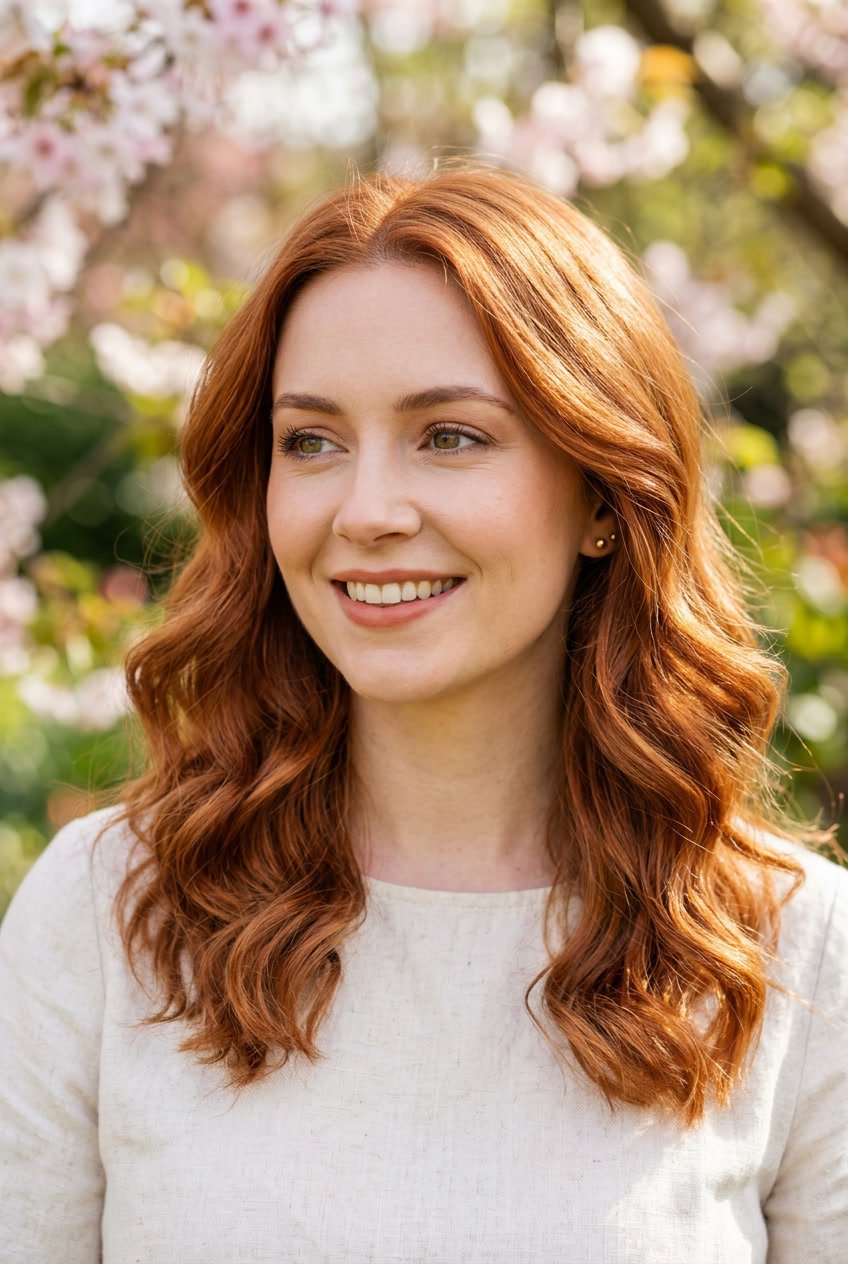 Close-up of a woman with medium-length copper-colored wavy hair in a natural outdoor setting.