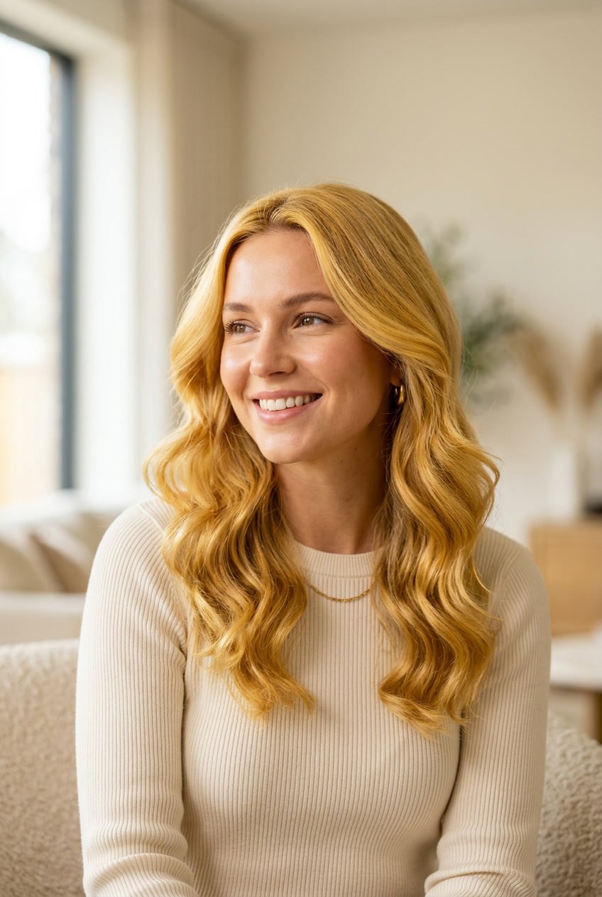 A woman with golden yellow blonde hair smiling gently against a softly blurred background.