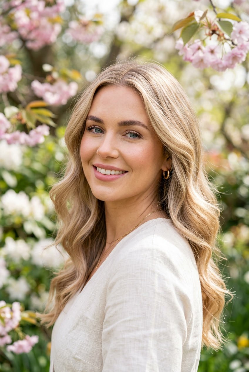 Close-up of a woman with shiny champagne blonde hair outdoors surrounded by spring flowers and greenery.