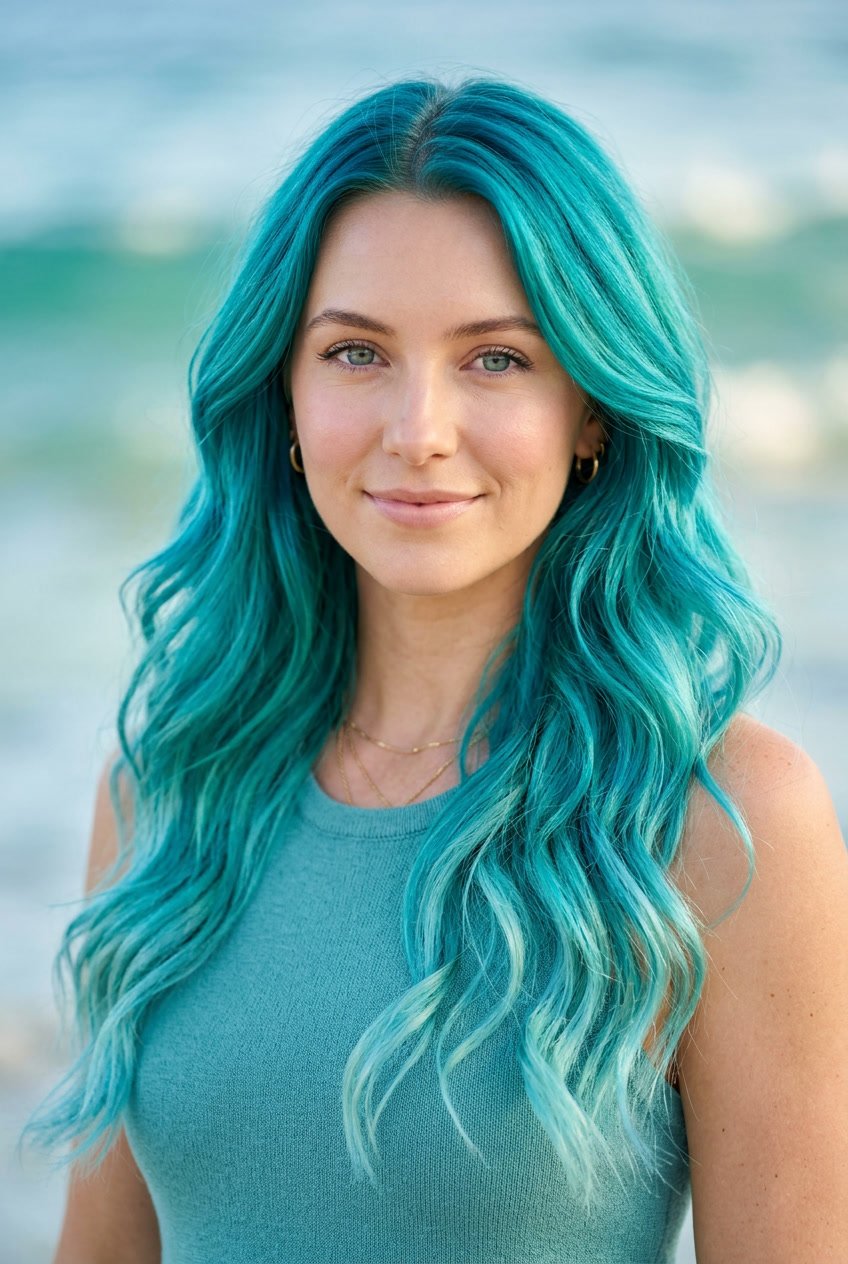 Close-up of a woman with long turquoise wavy hair against a blurred blue-green background.