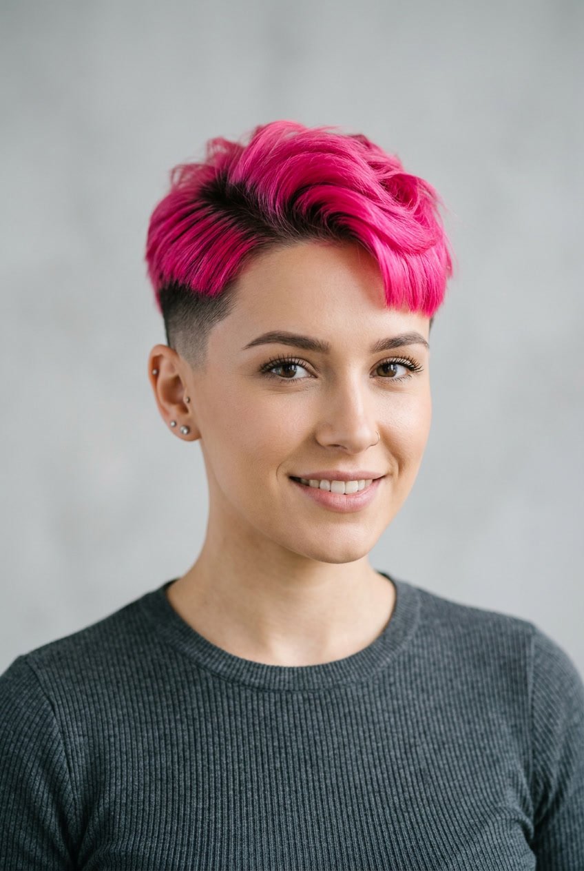 Portrait of a young woman with a bright hot pink undercut hairstyle looking confidently at the camera.