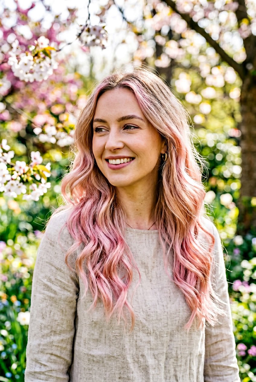A woman with soft pink pastel hair ends smiling gently in a bright setting with blurred spring flowers in the background.