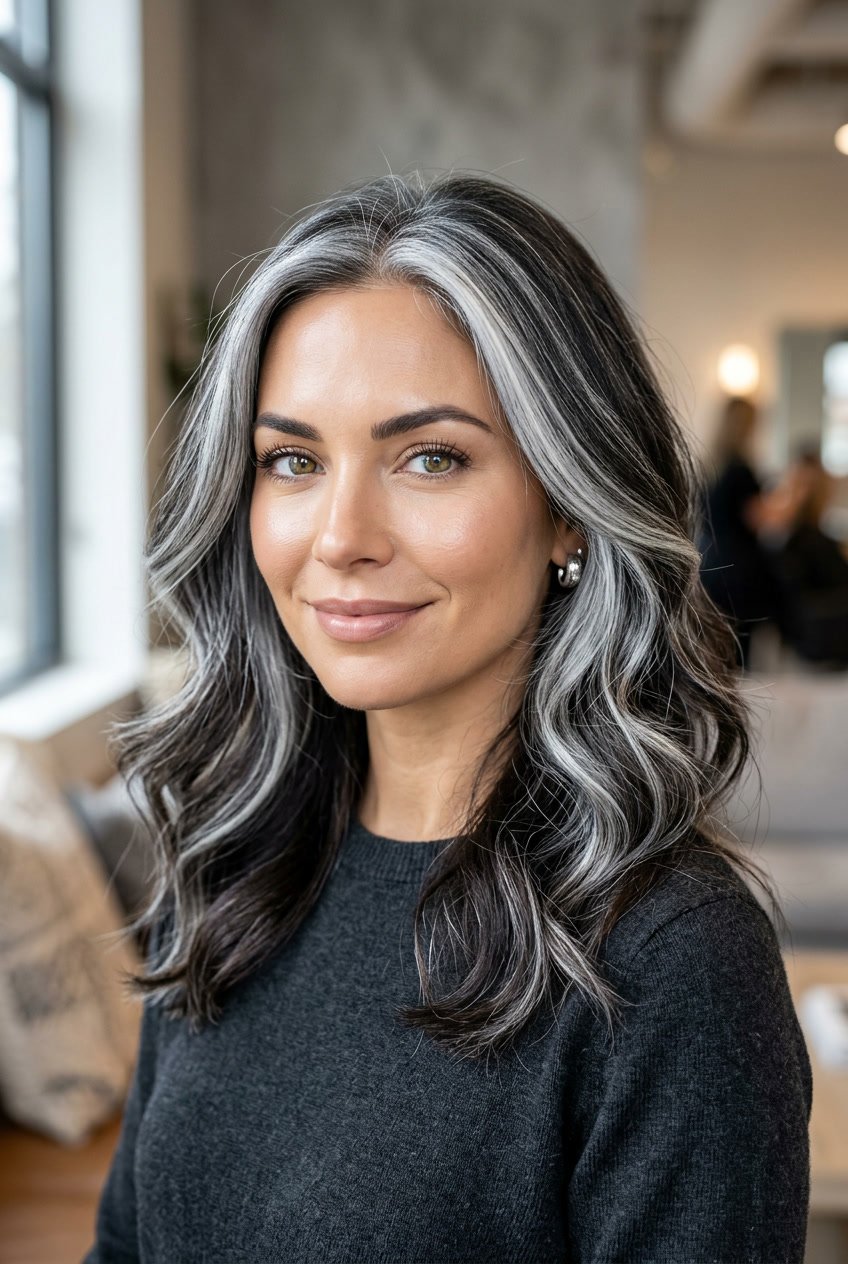 Close-up portrait of a woman with icy silver streaks in her hair and a calm expression.