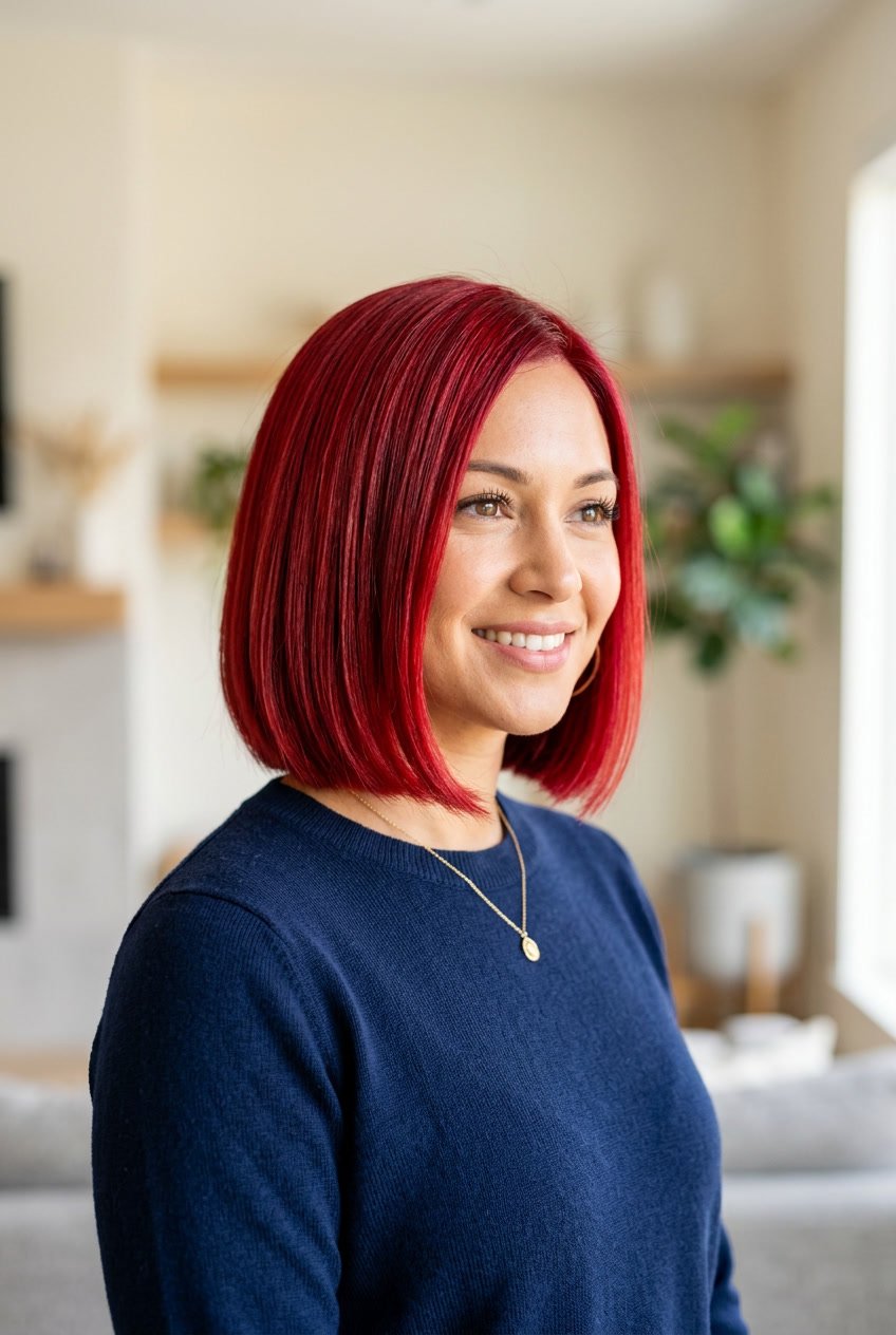 A woman with a bright red bob haircut smiling against a softly blurred background.