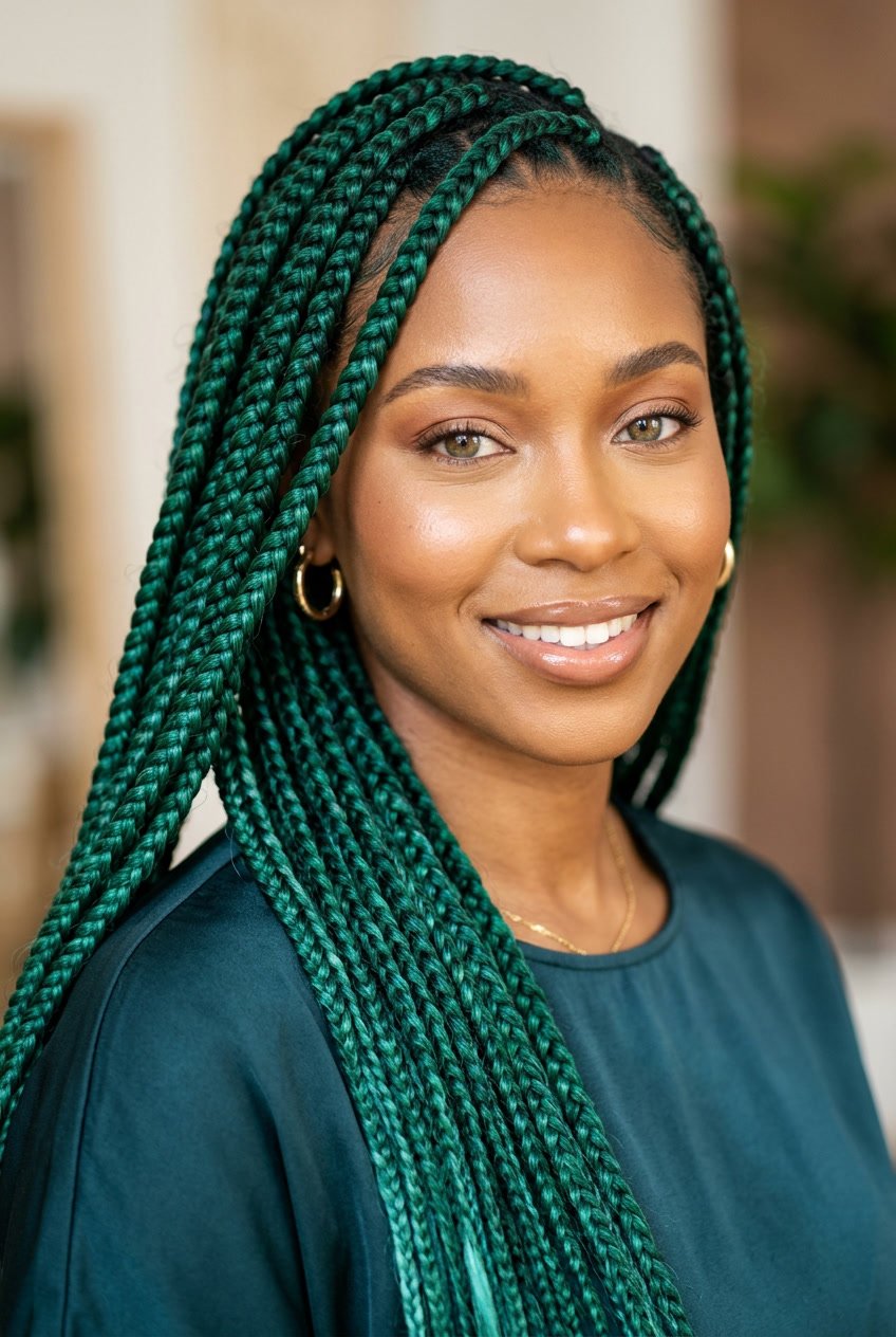 Close-up of a woman with emerald green braided hair and glowing skin against a blurred neutral background.