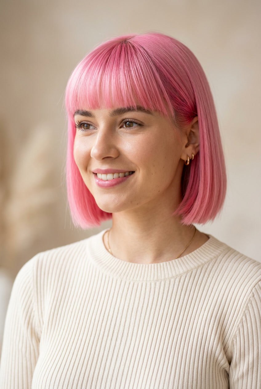 A young woman with a bubblegum pink bob haircut and bangs smiling gently against a neutral background.