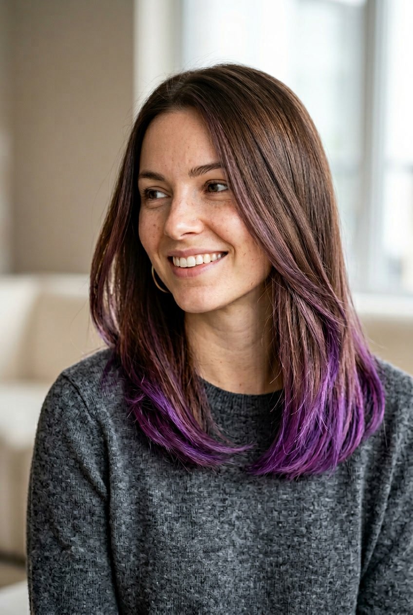 A woman with chocolate brown hair and violet tips smiling gently against a soft blurred background.