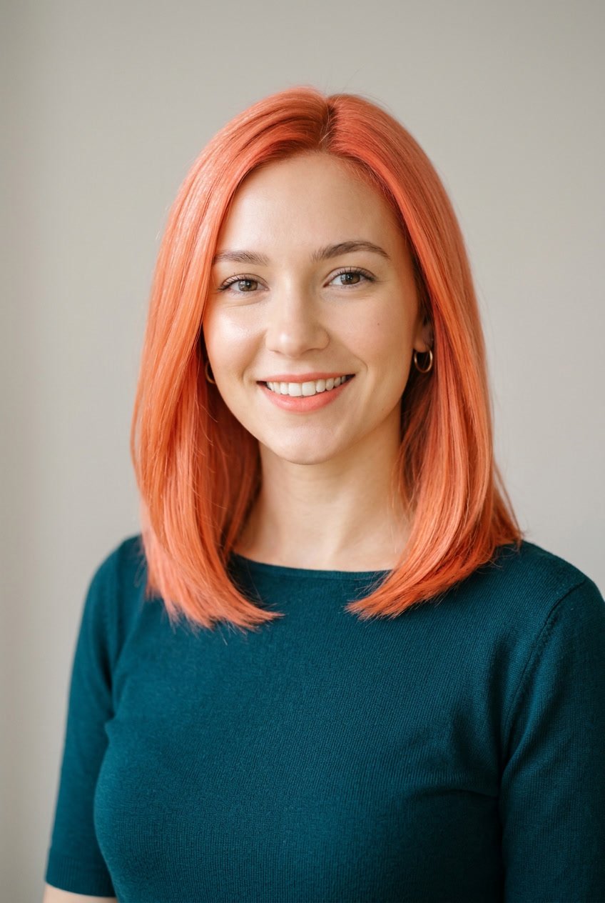 A young woman with bright coral shoulder-length hair smiling against a neutral background.