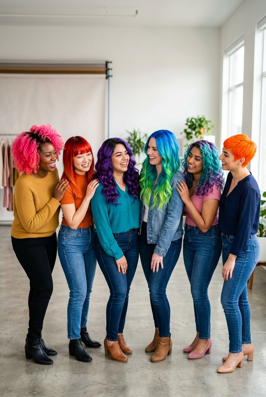 A group of diverse women with brightly colored hair smiling and posing together in a studio.