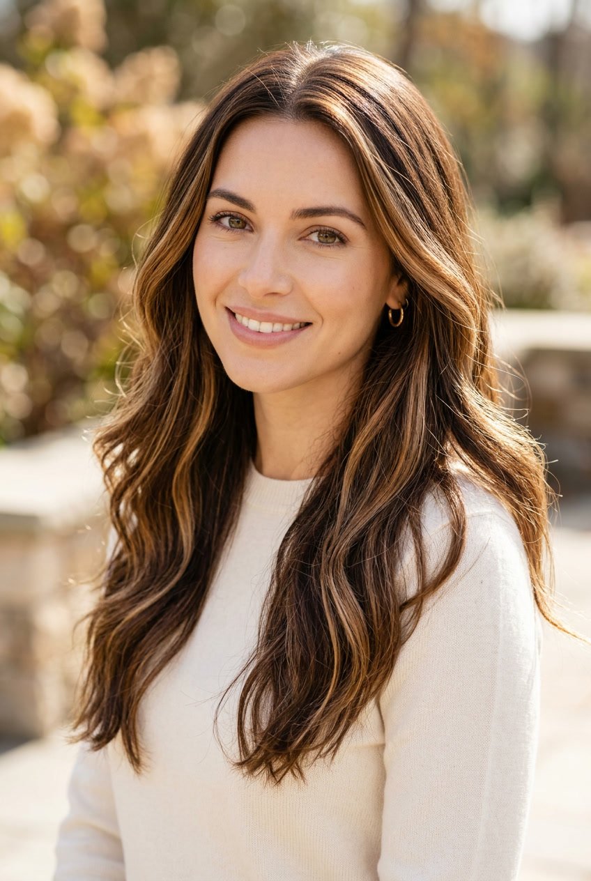Close-up of a woman with chestnut brown hair and caramel highlights smiling softly against a blurred neutral background.
