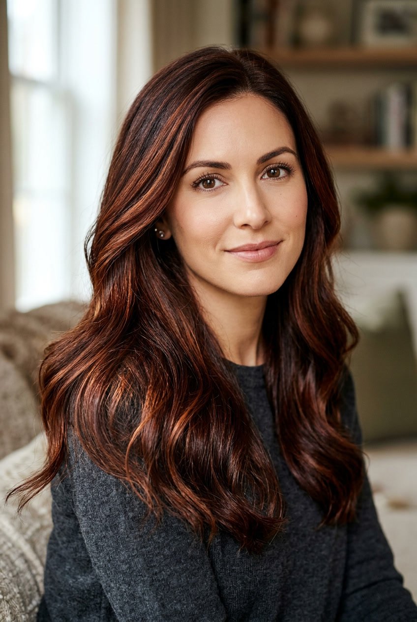 Close-up of a woman with shiny mahogany brown hair with auburn highlights, smiling gently against a neutral background.