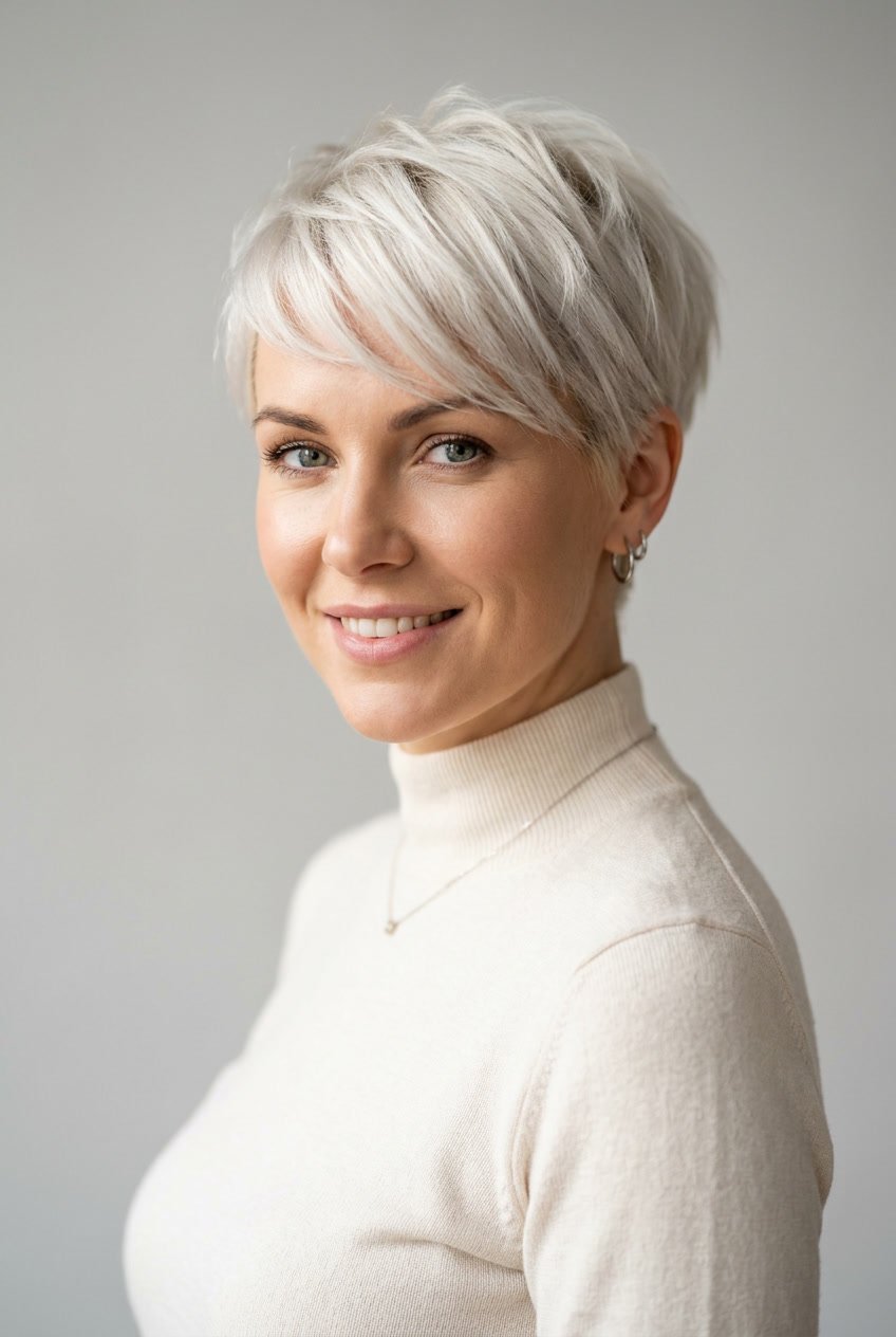 A woman with short platinum blonde hair looking confidently at the camera against a plain background.