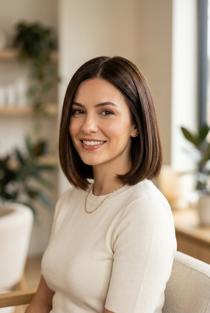 A woman with a chocolate brown bob haircut smiling gently against a softly blurred warm background.