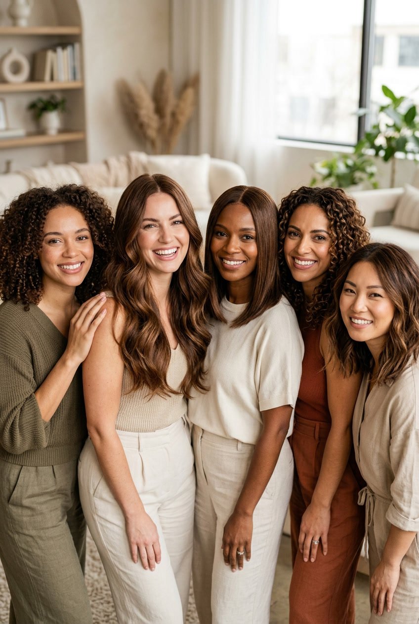 A group of women with warm walnut brown hair in various styles and natural lighting.