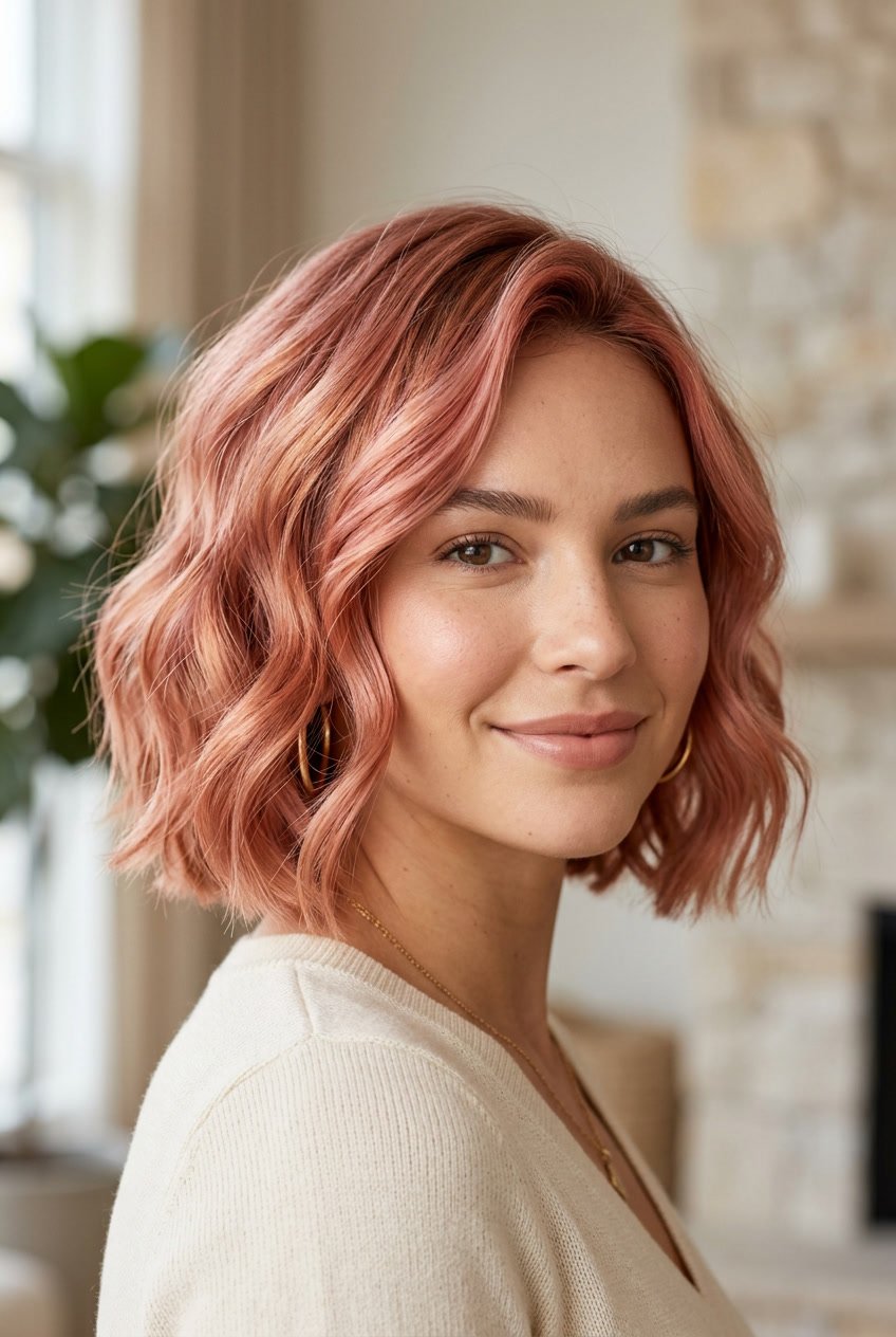 Close-up of a woman with short, wavy rose gold hair and a calm expression against a blurred neutral background.