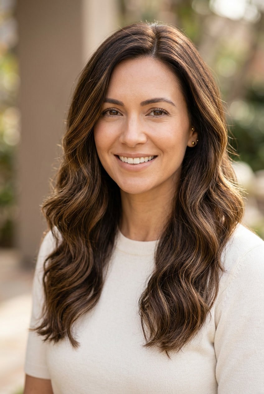 Close-up of a woman with wavy brown hair featuring golden highlights, smiling softly against a blurred neutral background.