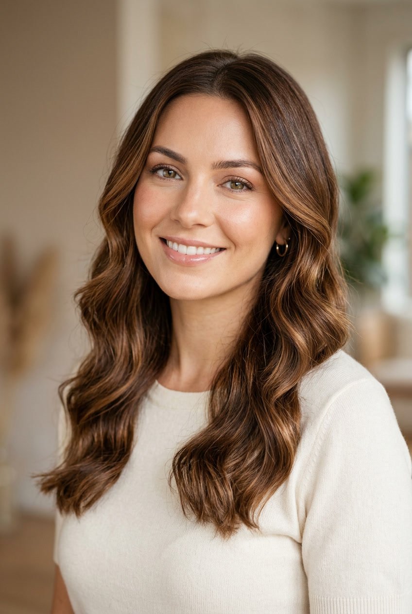 Close-up portrait of a woman with wavy brown hair highlighted with caramel tones, smiling gently against a blurred neutral background.