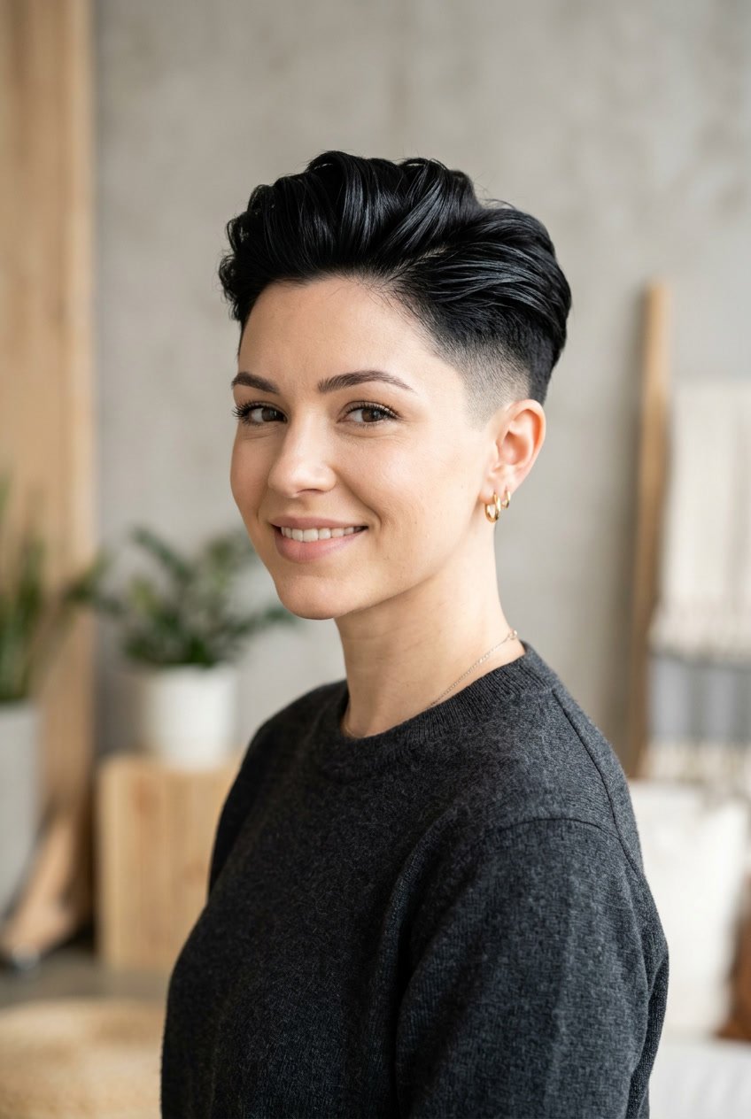 A young adult with a jet black undercut hairstyle looking slightly to the side against a neutral background.