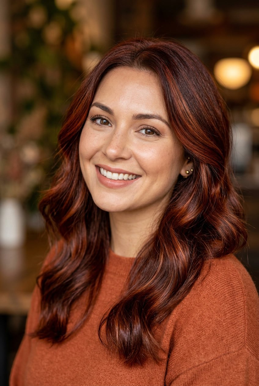 Close-up portrait of a smiling woman with warm burnt sienna colored hair and a soft blurred background.