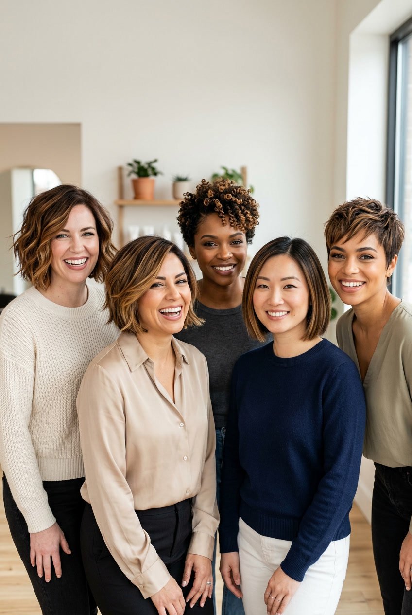 A group of women with short hair showing different caramel balayage hair colors in a bright, neutral setting.