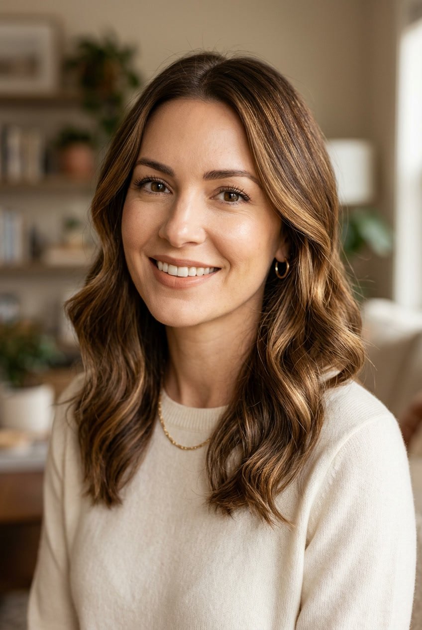 Close-up portrait of a woman with warm brown hair and soft highlights, smiling gently.