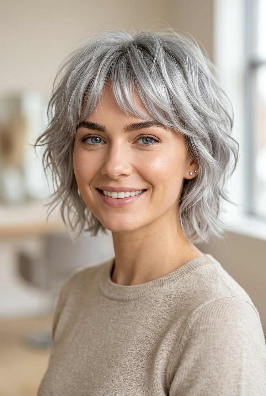 Close-up of a young woman with short silver grey shag haircut, looking confident with a neutral blurred background.
