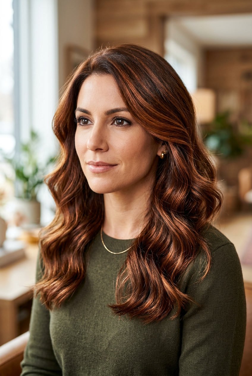 Close-up of a woman with chestnut brown hair featuring copper highlights, styled in loose waves.